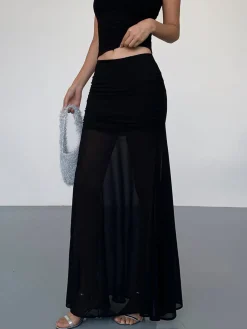 COMMENSE Skirts|Bottoms^Solid Two Layer Maxi Skirt Black