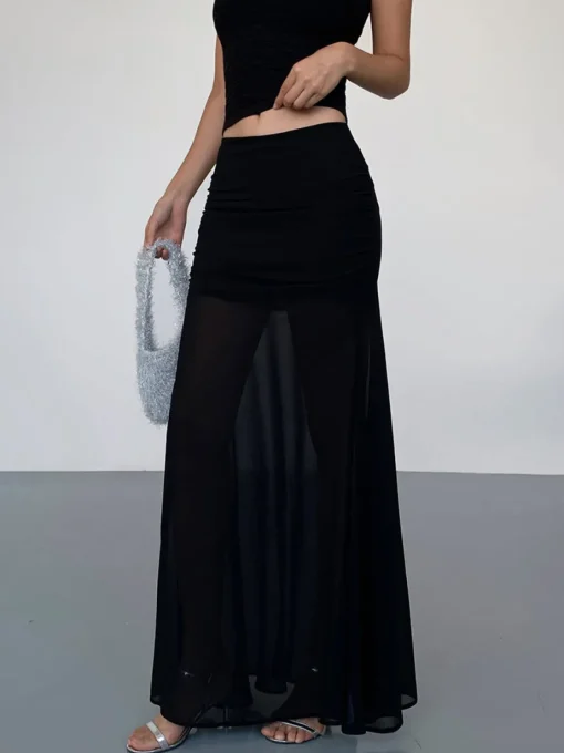 COMMENSE Skirts|Bottoms^Solid Two Layer Maxi Skirt Black