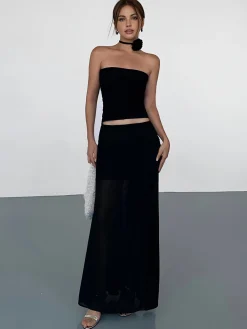 COMMENSE Skirts|Bottoms^Solid Two Layer Maxi Skirt Black