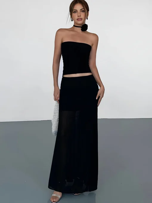 COMMENSE Skirts|Bottoms^Solid Two Layer Maxi Skirt Black