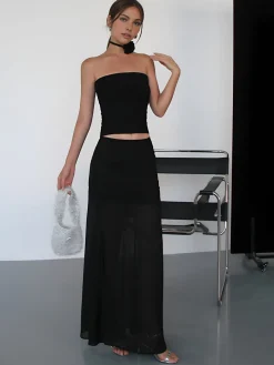 COMMENSE Skirts|Bottoms^Solid Two Layer Maxi Skirt Black