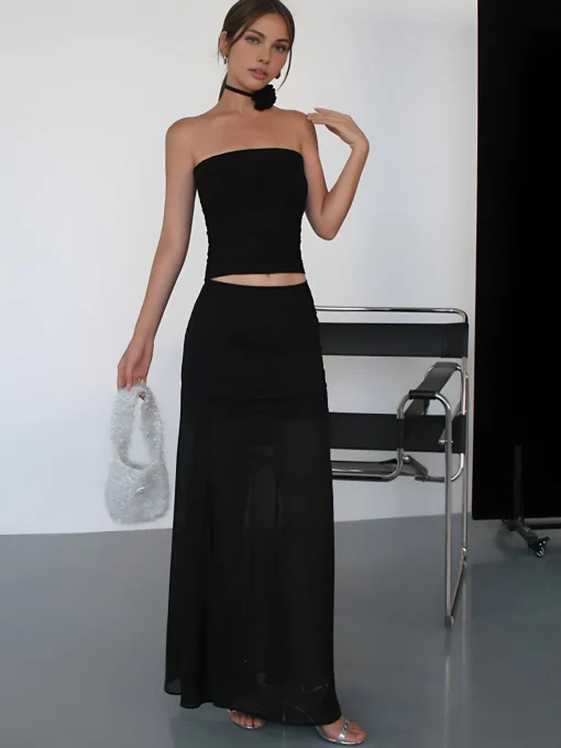 COMMENSE Skirts|Bottoms^Solid Two Layer Maxi Skirt Black