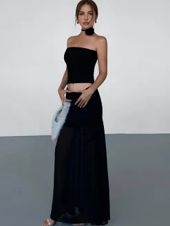 COMMENSE Skirts|Bottoms^Solid Two Layer Maxi Skirt Black