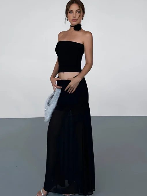 COMMENSE Skirts|Bottoms^Solid Two Layer Maxi Skirt Black