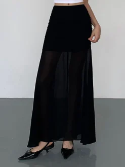 COMMENSE Skirts|Bottoms^Solid Two Layer Maxi Skirt Black