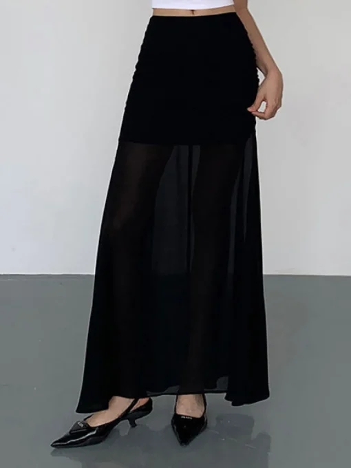 COMMENSE Skirts|Bottoms^Solid Two Layer Maxi Skirt Black