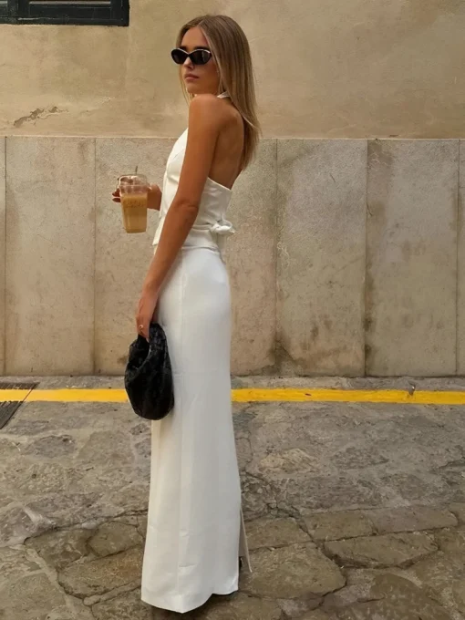 COMMENSE Skirt Sets|Long Sleeve Sets^Solid V-Neck Backless Tie Up Halter & Split Maxi Skirt Set White