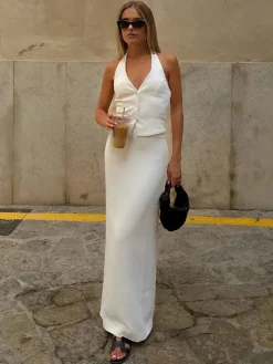 COMMENSE Skirt Sets|Long Sleeve Sets^Solid V-Neck Backless Tie Up Halter & Split Maxi Skirt Set White
