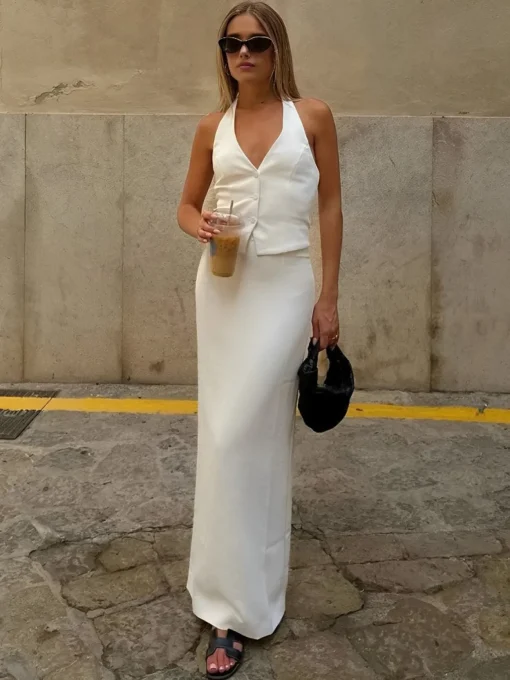 COMMENSE Skirt Sets|Long Sleeve Sets^Solid V-Neck Backless Tie Up Halter & Split Maxi Skirt Set White