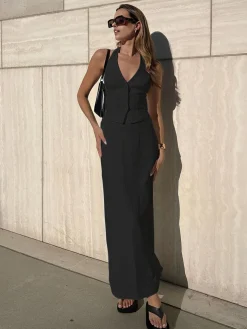 COMMENSE Skirt Sets|Long Sleeve Sets^Solid V-Neck Backless Tie Up Halter & Split Maxi Skirt Set White