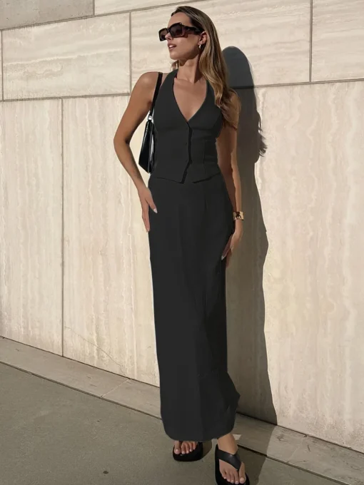 COMMENSE Skirt Sets|Long Sleeve Sets^Solid V-Neck Backless Tie Up Halter & Split Maxi Skirt Set White