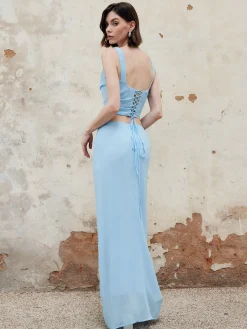 COMMENSE Skirt Sets|Long Sleeve Sets^Split Chiffon Lace Up Skirt Set Blue