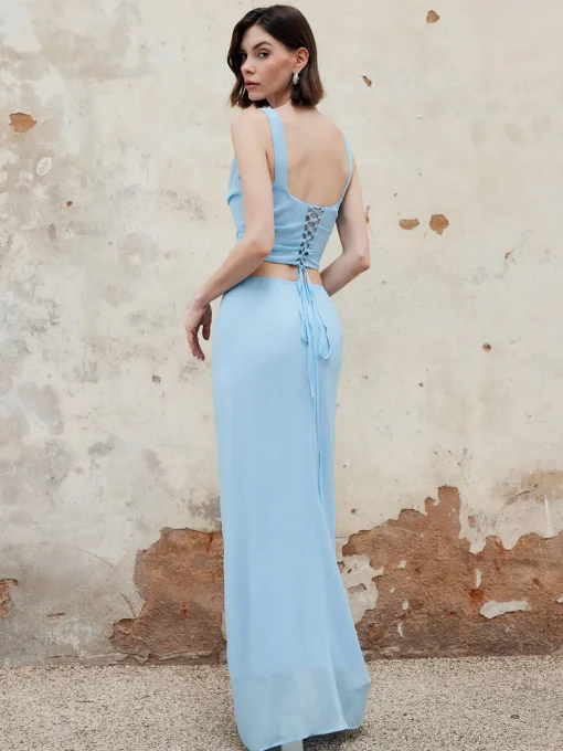 COMMENSE Skirt Sets|Long Sleeve Sets^Split Chiffon Lace Up Skirt Set Blue