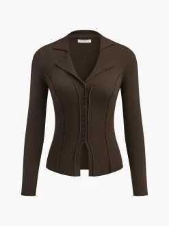 COMMENSE Sweater Tops|Sweaters & Cardigans^Split Piping Slim Knit Top DarkBrown