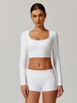 COMMENSE Crop Tops|Activewear^Square Collar Lettuce Trim Crop Active Top White