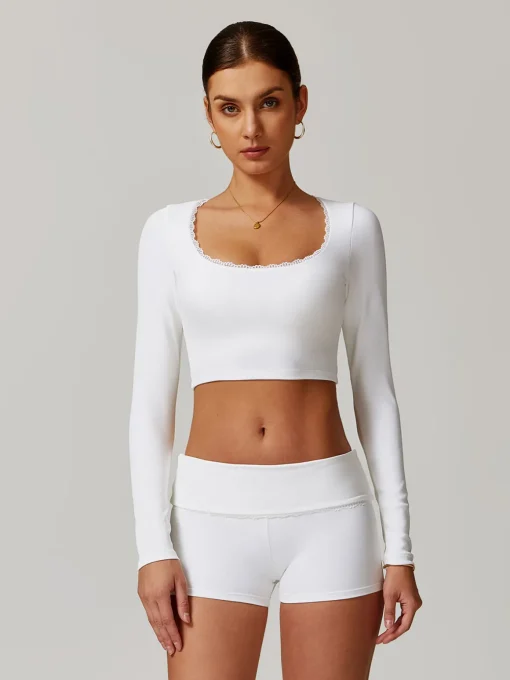 COMMENSE Crop Tops|Activewear^Square Collar Lettuce Trim Crop Active Top White