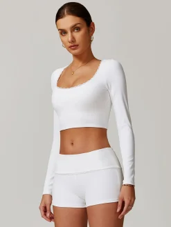 COMMENSE Crop Tops|Activewear^Square Collar Lettuce Trim Crop Active Top White