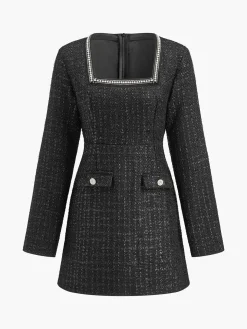 COMMENSE Black Dresses|Cocktail & Party Dresses^Square Neck Beaded Short Dress Black
