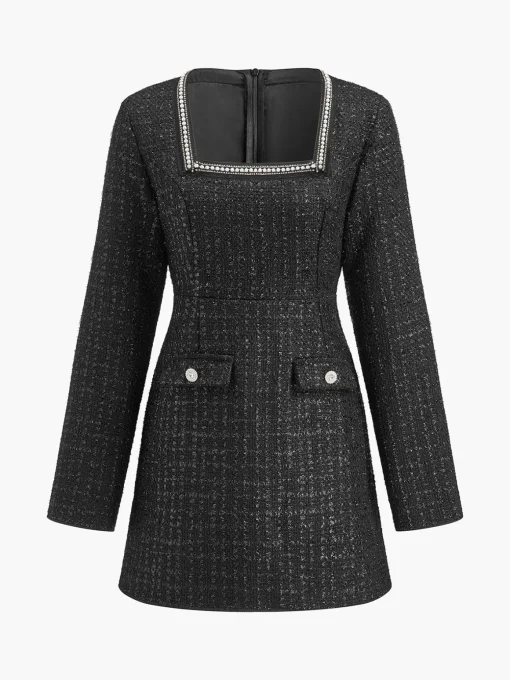 COMMENSE Black Dresses|Cocktail & Party Dresses^Square Neck Beaded Short Dress Black
