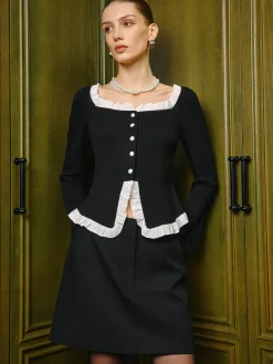 COMMENSE Tops^Square Neck Contrast Lettuce Trim Slit Blouse Black