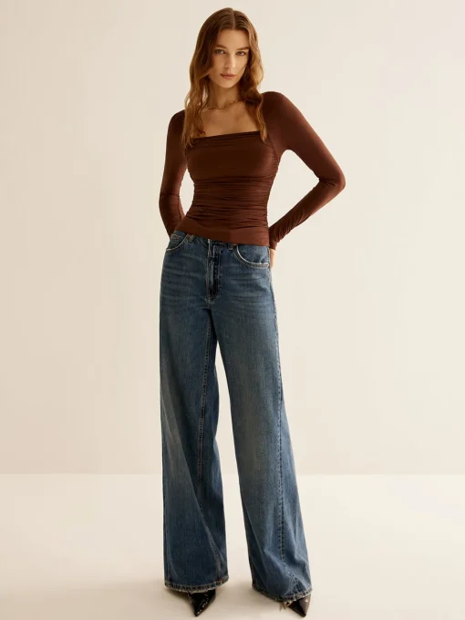 COMMENSE T-shirts|Tops^Square Neck Pleated Skinny T-Shirt Brown