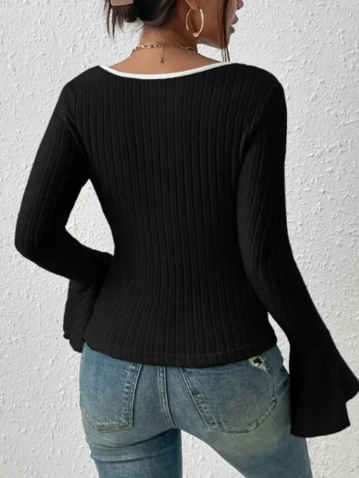 COMMENSE T-shirts^Square Neck Ruffle-Cuff Slim Top Black