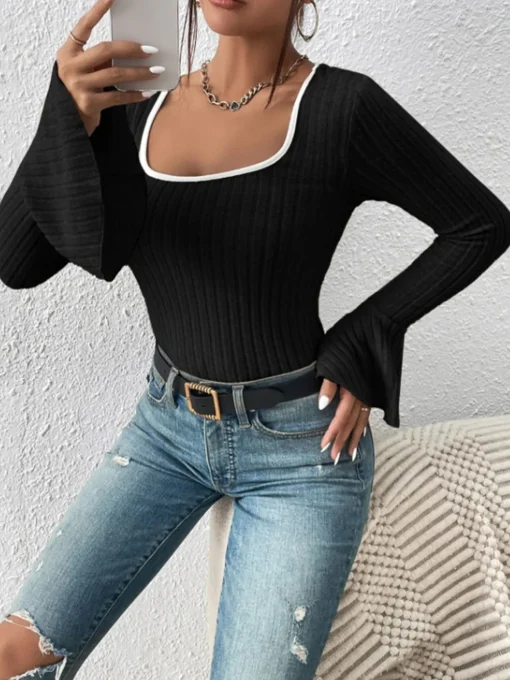 COMMENSE T-shirts^Square Neck Ruffle-Cuff Slim Top Black