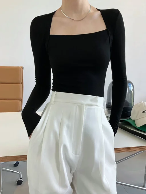 COMMENSE Sweater Tops|T-shirts^Square Neck Solid Long Sleeve Shirt Black