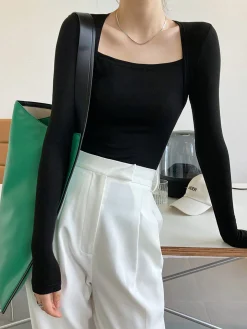 COMMENSE Sweater Tops|T-shirts^Square Neck Solid Long Sleeve Shirt Black