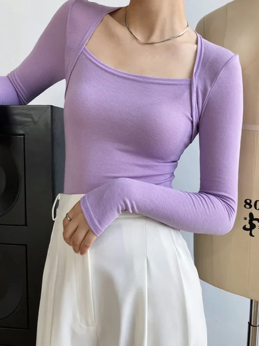 COMMENSE Sweater Tops|T-shirts^Square Neck Solid Long Sleeve Shirt Black