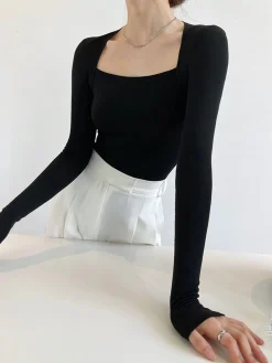 COMMENSE Sweater Tops|T-shirts^Square Neck Solid Long Sleeve Shirt Black