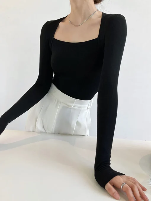 COMMENSE Sweater Tops|T-shirts^Square Neck Solid Long Sleeve Shirt Black