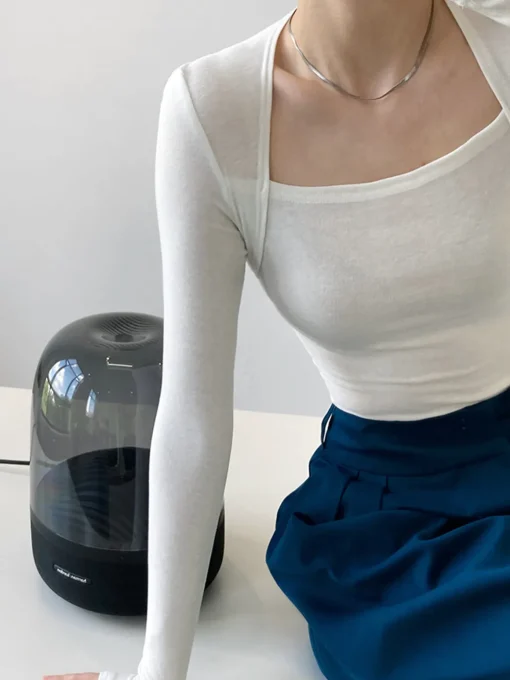 COMMENSE Sweater Tops|T-shirts^Square Neck Solid Long Sleeve Shirt Black