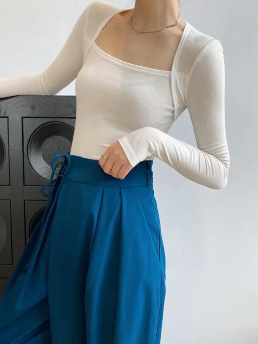 COMMENSE Sweater Tops|T-shirts^Square Neck Solid Long Sleeve Shirt Black