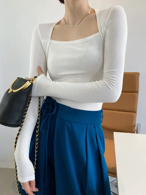 COMMENSE Sweater Tops|T-shirts^Square Neck Solid Long Sleeve Shirt Black