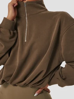 COMMENSE Tops^Stand Collar Drawstring & Zipper Sweatshirt DarkBrown