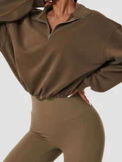 COMMENSE Tops^Stand Collar Drawstring & Zipper Sweatshirt DarkBrown