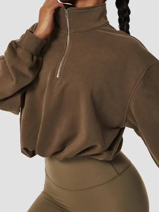 COMMENSE Tops^Stand Collar Drawstring & Zipper Sweatshirt DarkBrown