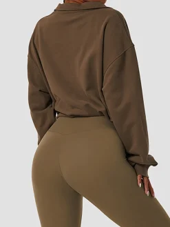 COMMENSE Tops^Stand Collar Drawstring & Zipper Sweatshirt DarkBrown