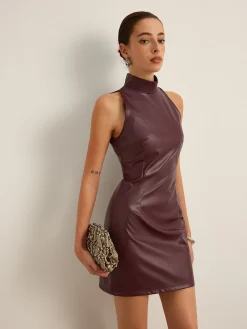 COMMENSE Dresses^Stand Collar Faux Leather Skinny Tank Dress Burgundy