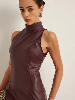 COMMENSE Dresses^Stand Collar Faux Leather Skinny Tank Dress Burgundy