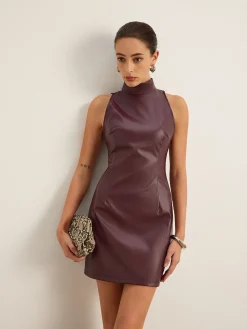 COMMENSE Dresses^Stand Collar Faux Leather Skinny Tank Dress Burgundy