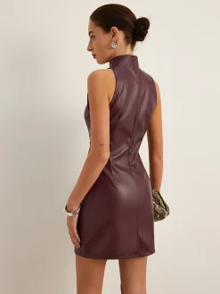 COMMENSE Dresses^Stand Collar Faux Leather Skinny Tank Dress Burgundy