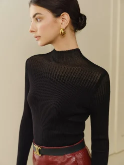 COMMENSE T-shirts|Knitwear^Stand Collar Panel Knit Top Black