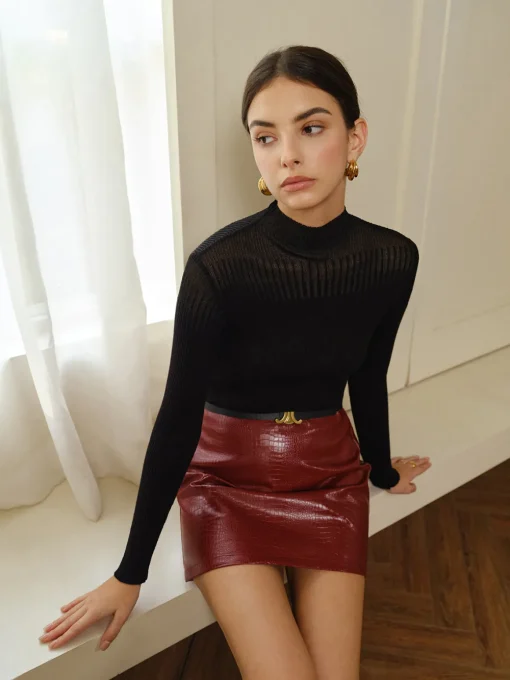 COMMENSE T-shirts|Knitwear^Stand Collar Panel Knit Top Black
