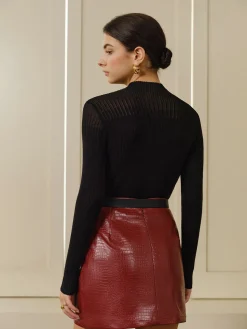 COMMENSE T-shirts|Knitwear^Stand Collar Panel Knit Top Black