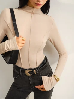 COMMENSE Tops^Stand Collar Piping Warm Top Khaki