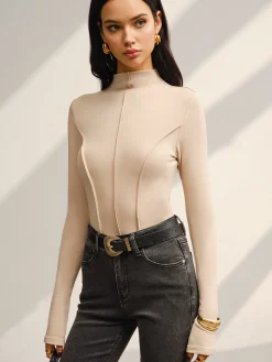 COMMENSE Tops^Stand Collar Piping Warm Top Khaki