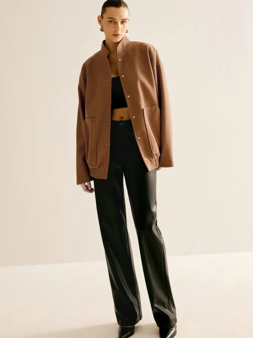 COMMENSE Outerwear|Jackets^Stand Collar Plain Button Jacket Brown