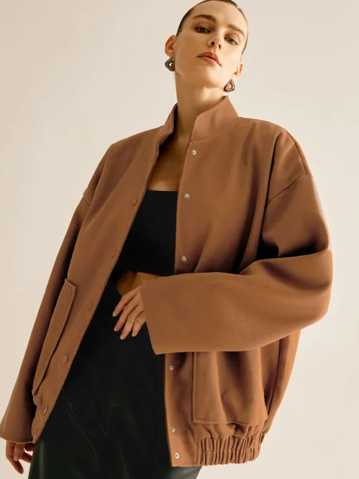 COMMENSE Outerwear|Jackets^Stand Collar Plain Button Jacket Brown